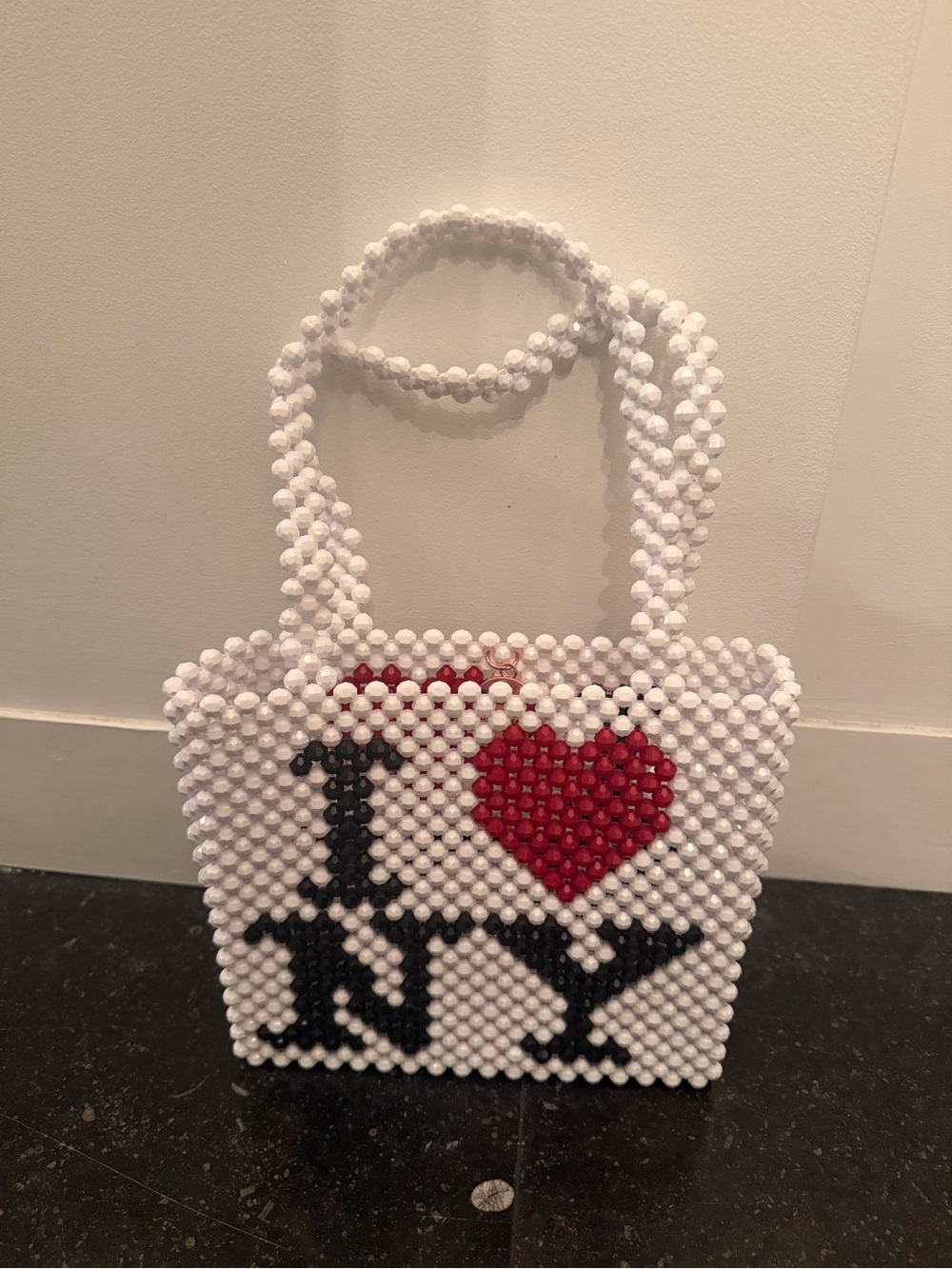 Susan Alexandra White Beaded Tote with Red Heart I ♥ NY Motif